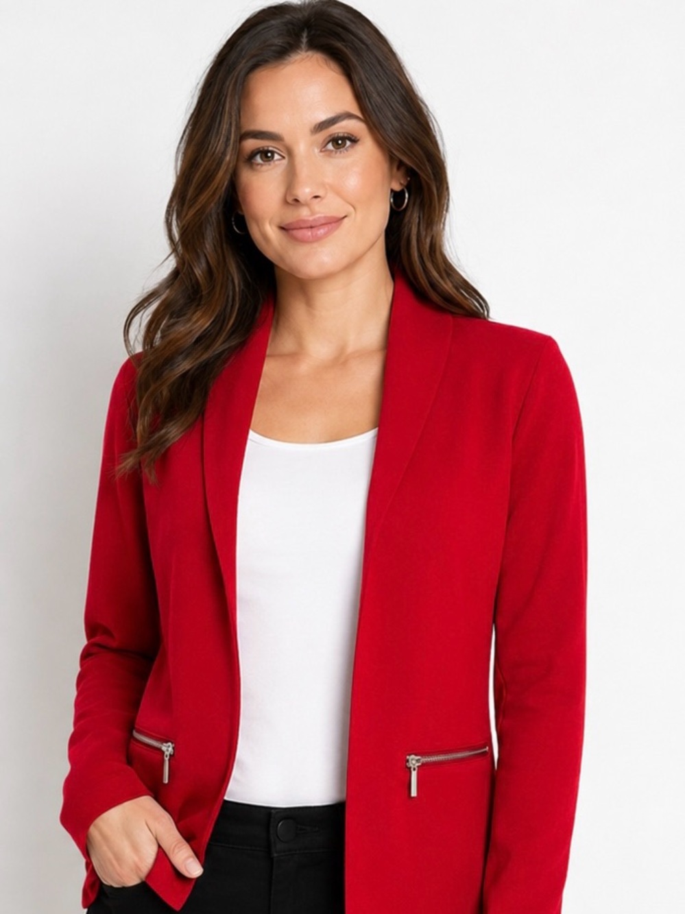 Carmen Marc Valvo Red Open-Front Blazer with Zip Pockets